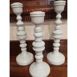 Lot Of 3 Wood Candlestick Holders 10” - 12” Farmhouse CottageCore light blue